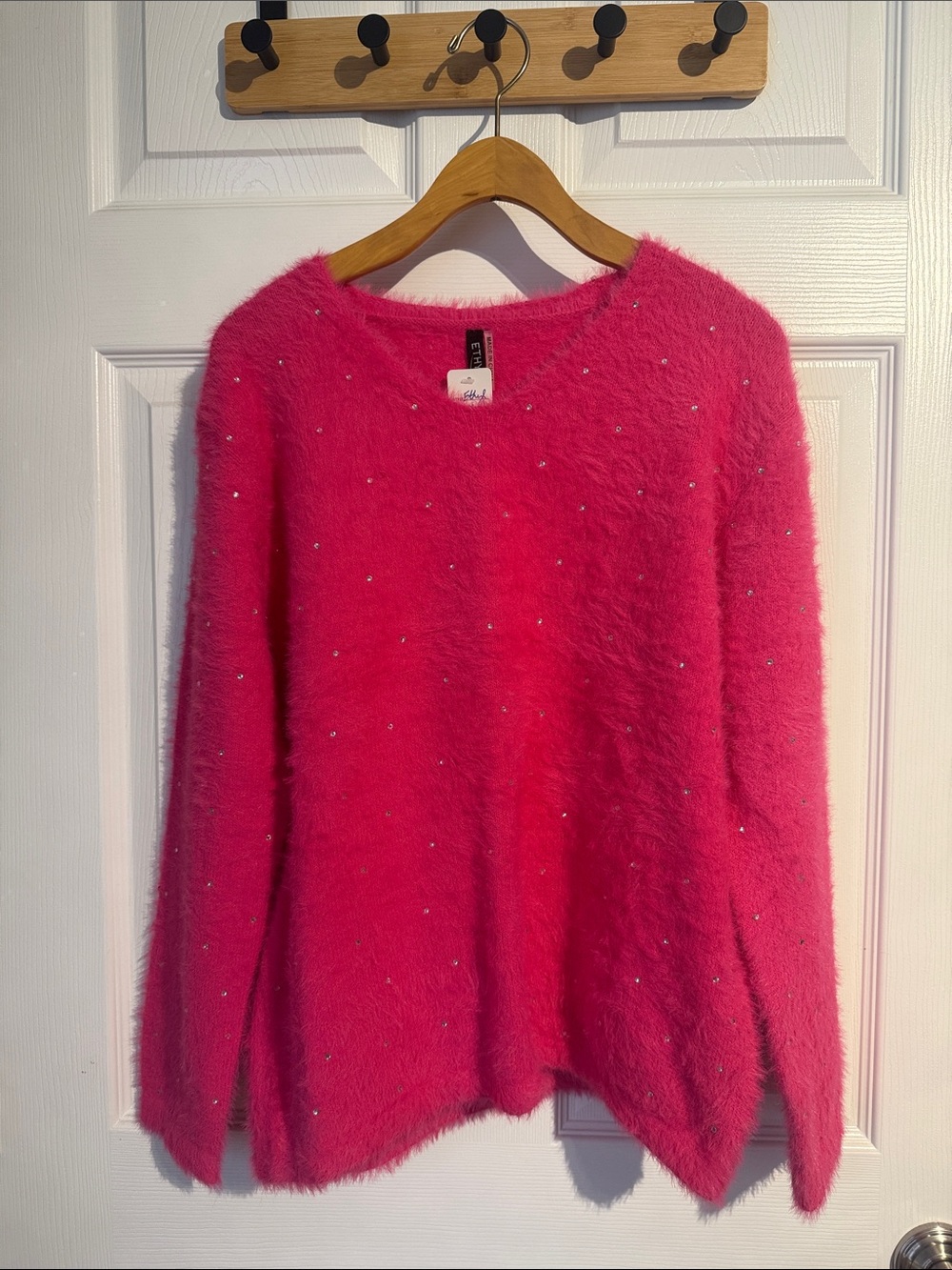 Women's Fuzzy Crew Neck Sweater with Rhinestone Detail - Hot Pink